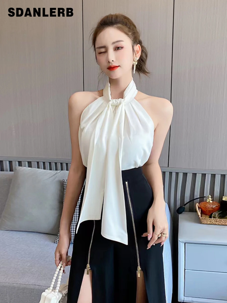 

Halterneck Vest Top Female 2022 Summer New Sleeveless Figure Flattering All-Matching T-shirt White Suspender Design Niche Shirt