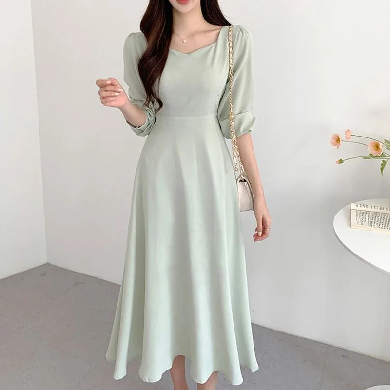 

New 2022 Spring Autumn Midi Dress Elegant One Piece Slim Party Puff Sleeve Clothes Women Casual Summer Dresses