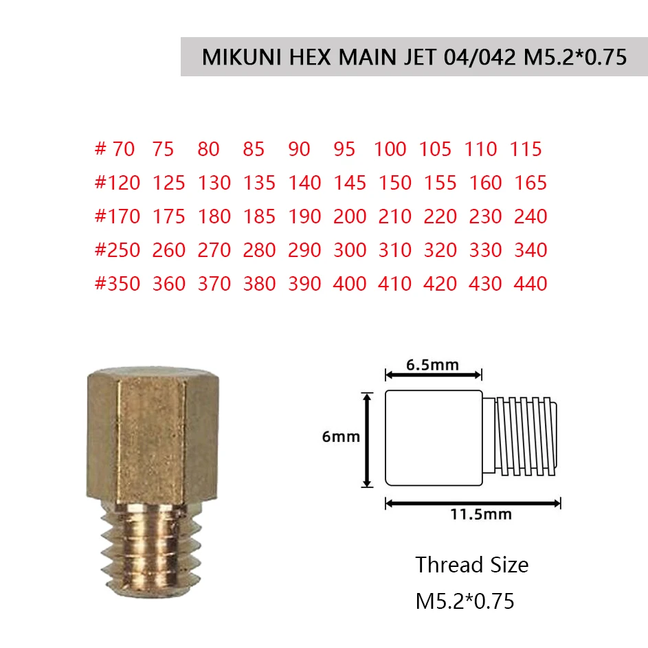 

Main Jets for MIKUNI VM TM TMX Carburetor 4/042 Motorcycle Scooter Injectors Nozzle Size 70-440 Pocket Tuner Large Hex Type