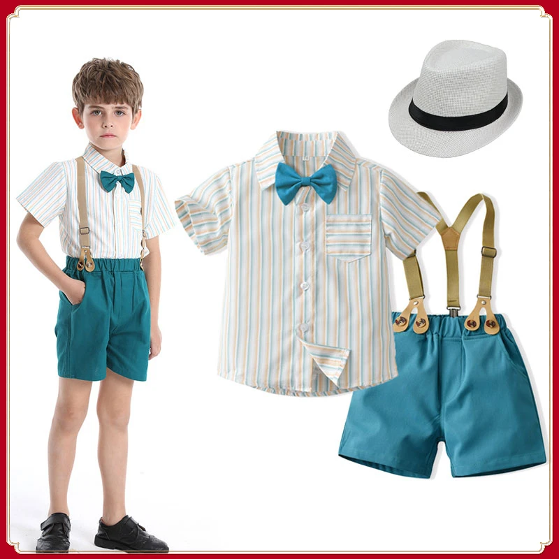 

Boys Gentleman Clothing Sets Summer Kids Formal Suits Short Sleeve Striped Polo Shirt+Suspenders Trousers Casual Boy Clothes