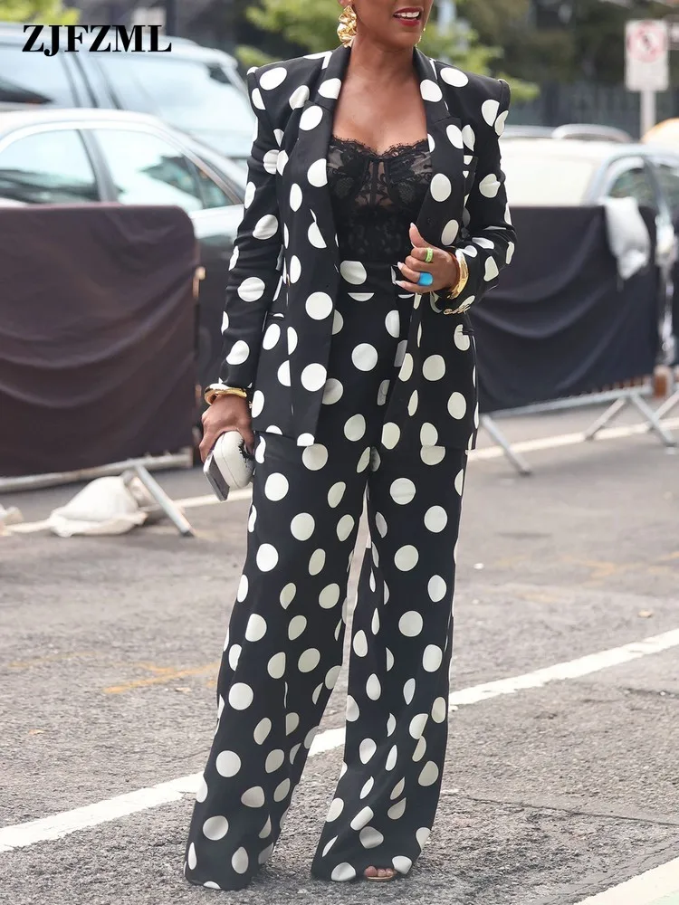 

Костюм в горошек из двух предметов, деловые комплекты для женщин, костюм без воротника + прямые брюки, рабочие костюмы, подходящие комплекты