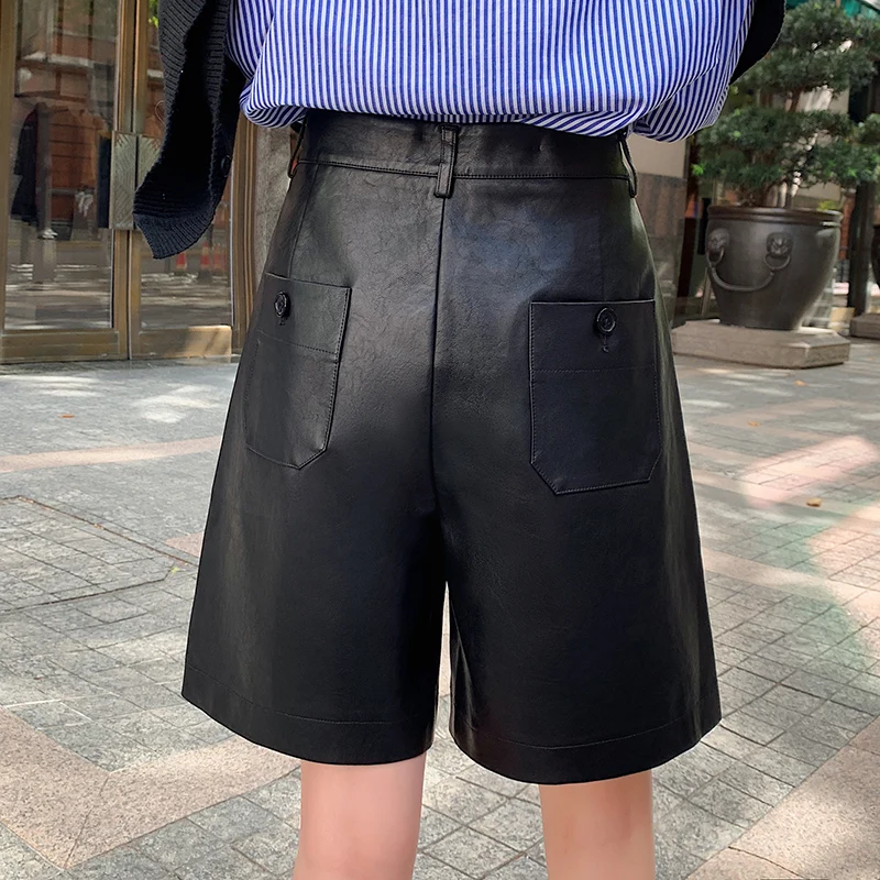 Women's Autumn Winter New Loose Five Points Leather Trousers 2021 Button Fashion PU Leather Shorts Female Large Shorts Solid