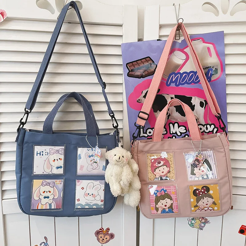 Korean women college style small cute cartoon handbag transparent card girl students canvas shoulder bag crossbody bag