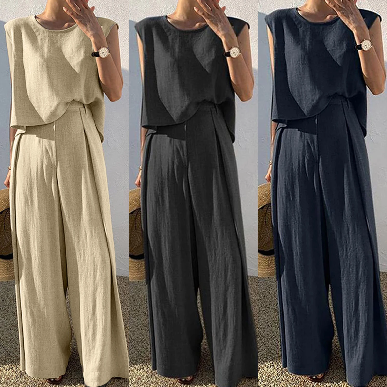 

Fashion Casual Sleeveless Vest Top and High Waisted Pant Sets Loose Fit Cotton and Hemp 2 Piece Outfit for Women