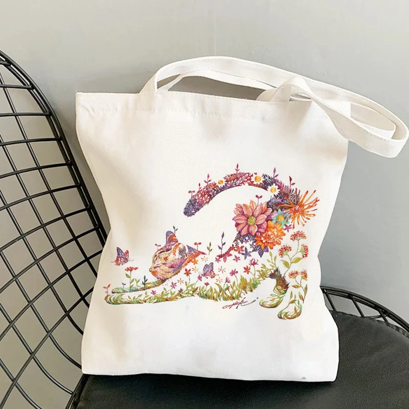 

Tote Shoulder Canvas Bag Shopper Bags Messenger White Handbags Female Flower Cat Art aesthetic cute Casual kawaii Teacher Gift