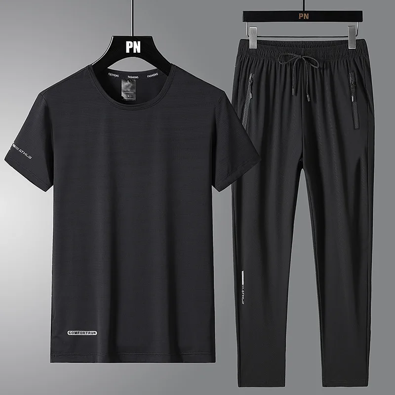 2023 Summer New Men's Silk Sports Set Solid Short Sleeve T-shirt+Sports Pants Two Piece Set for Mens Jogging and Morning Running