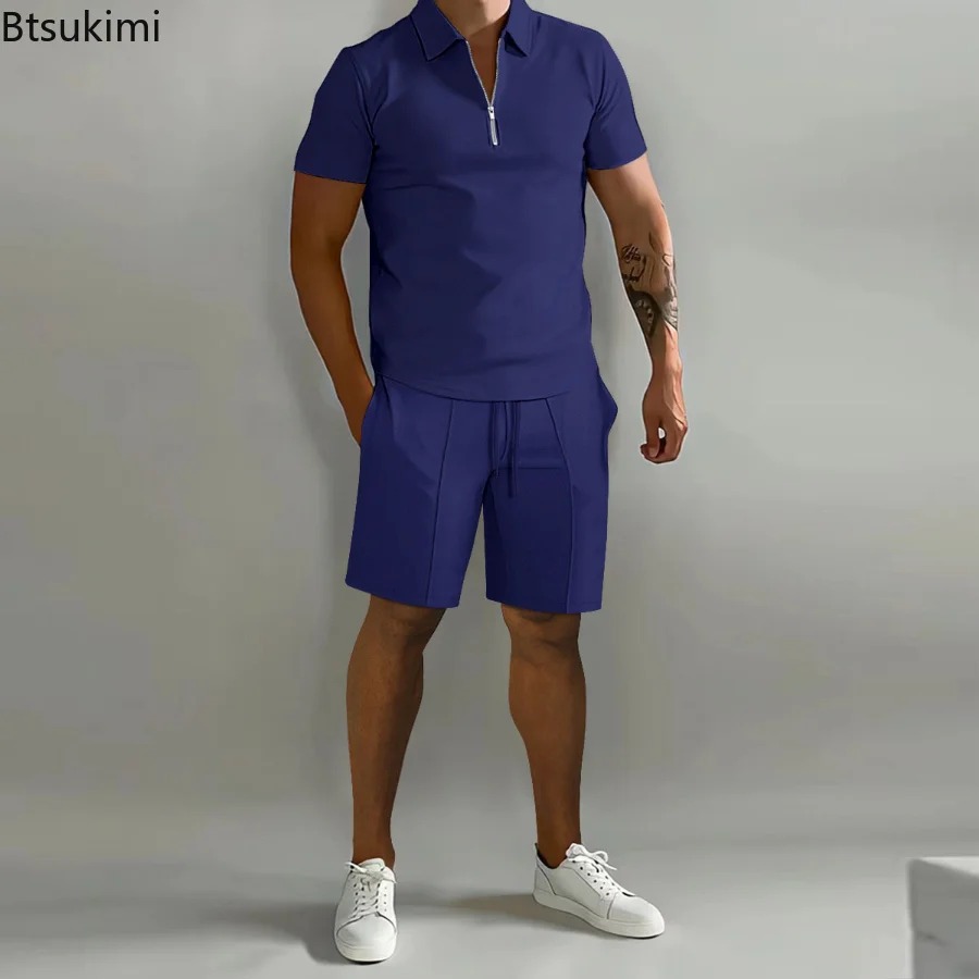 New Summer Men's POLO Shirt 2-piece Suit Casual Solid Color T-shirt and Shorts Sleeve Lapel Tops And Shorts Men Sports Clothing