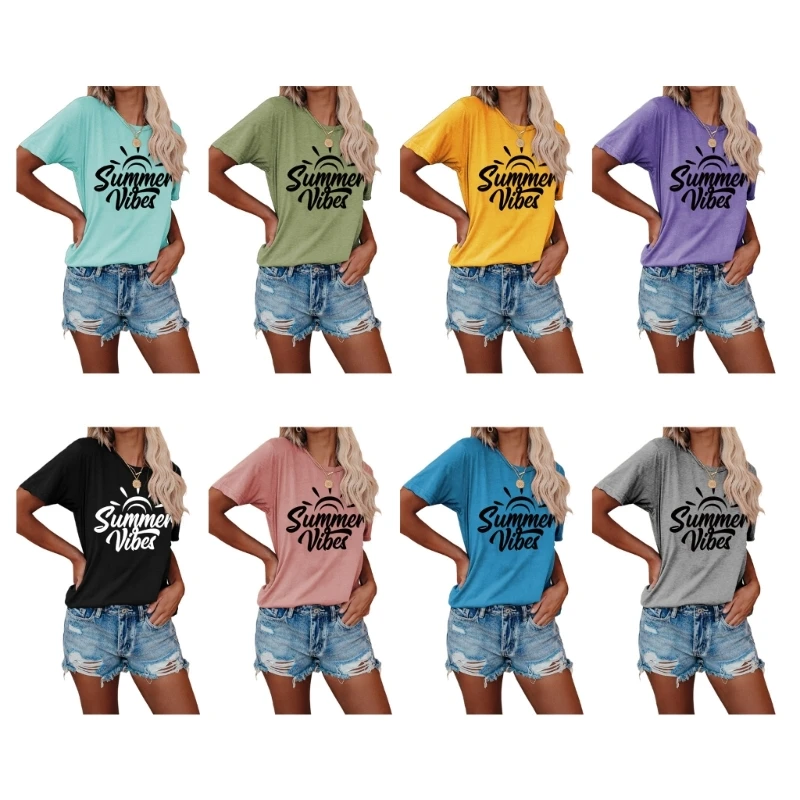 

Женский топ с графическим рисунком, летняя футболка с надписью Vibes, модная повседневная футболка с коротким рукавом, футболки для повседнев...