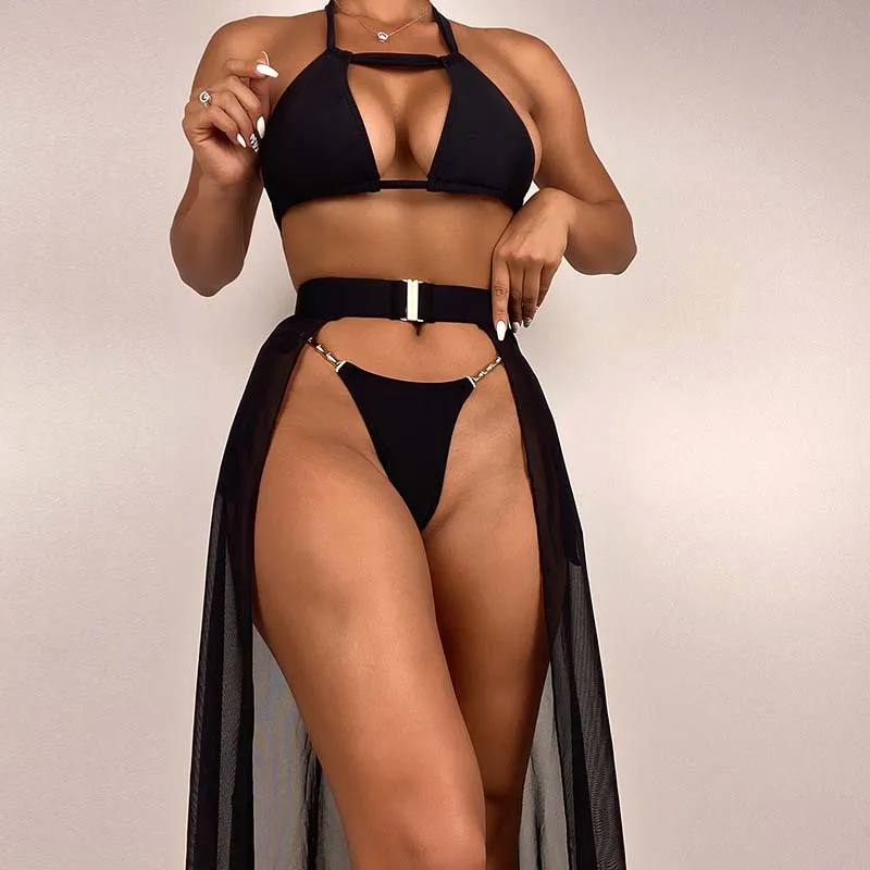 

Women 3 Piece Cut Out Halter Chain Linked High Cut Cover Up Belt Mesh Kimono Bikini Swimsuit