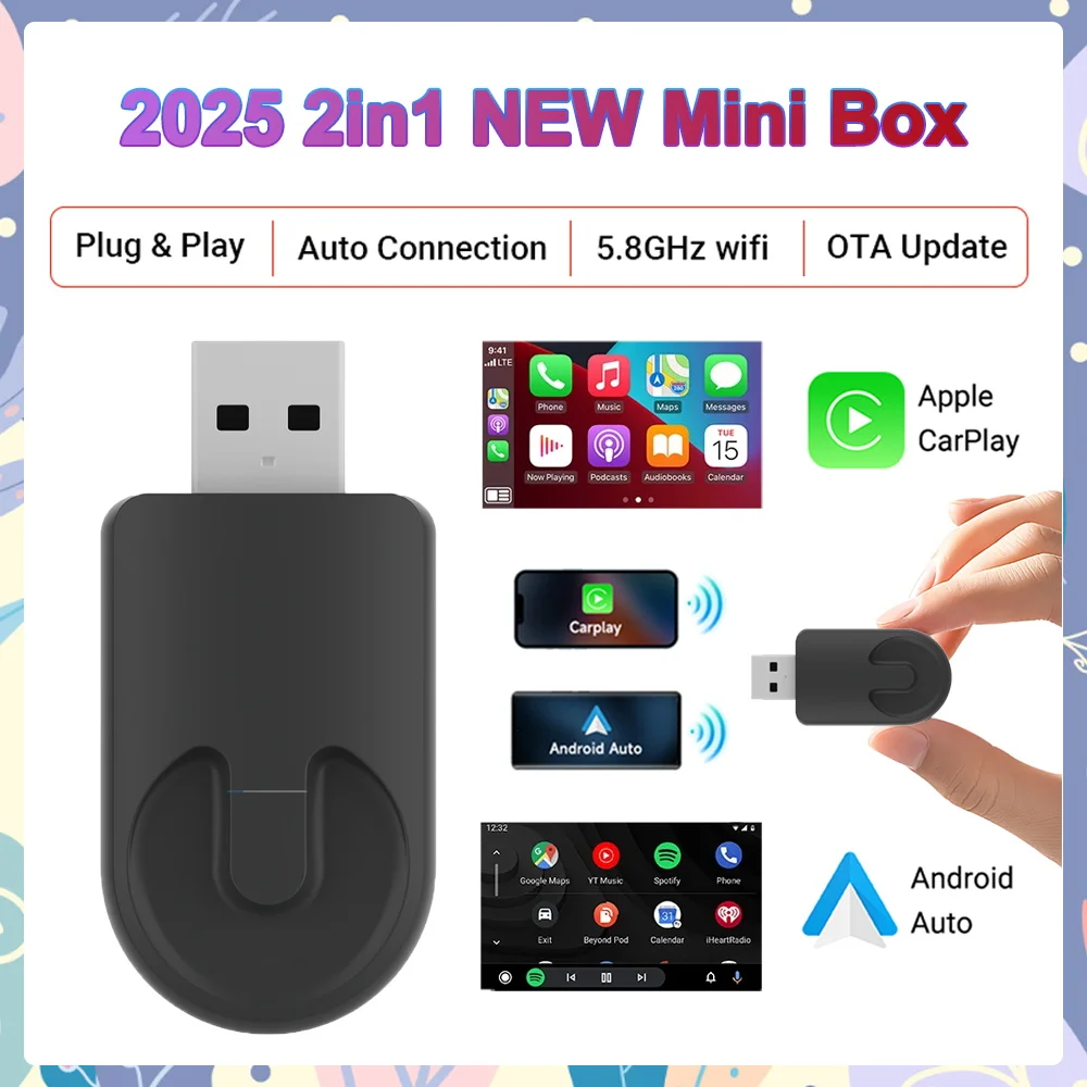 

Мини-кабель-адаптер Для Беспроводной Связи CarPlay И Android Auto 2-в-1 USB 5 ГГц Wi-Fi