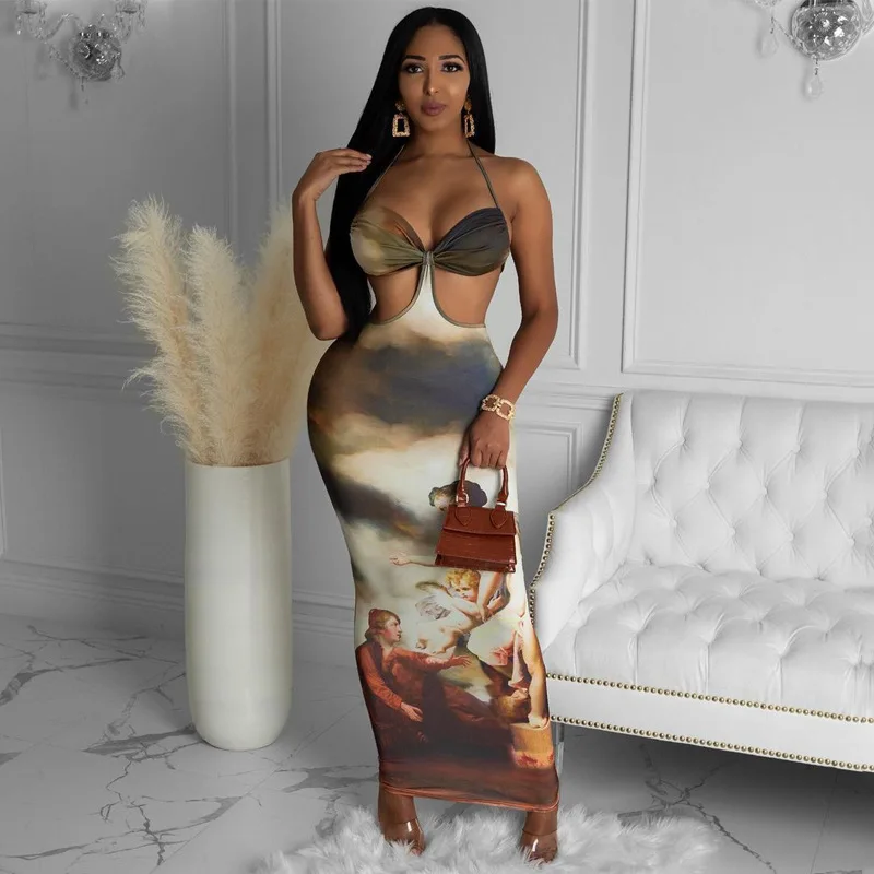 

Летнее женское платье 2022, модное платье с лямкой через шею и вырезом на талии