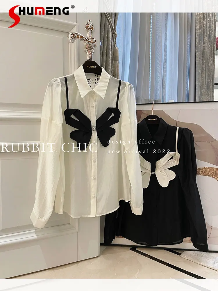 High-End  Sweet Silk Floss Micro Transparent Blouse Woman 2022 Early Spring New Elegance Polo Collar Silk Cotton Bow Shirt Women
