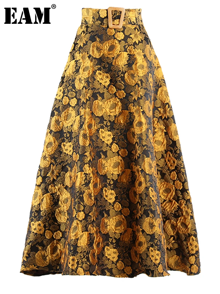

[EAM] High Waist Gold Color Jacquard Long Vintage Party Half-body Skirt Women Fashion Tide New Spring Autumn 2022 1DE3056