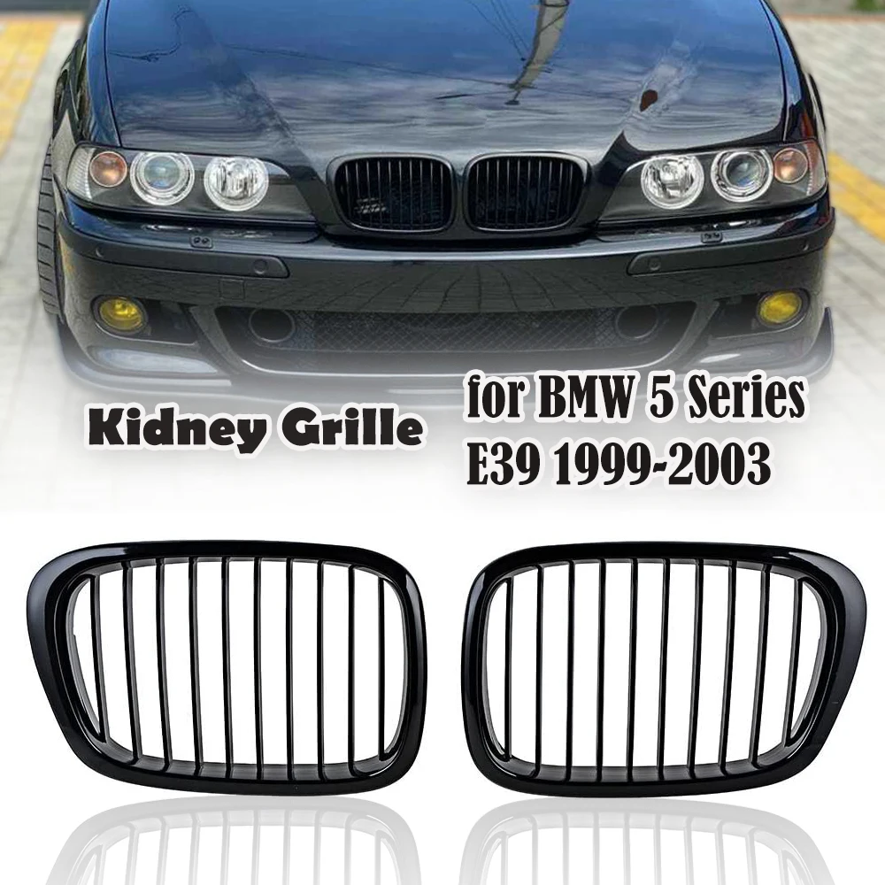 2 PCS Glossy Matte  Black Front Hood Kidney Grille Grill Mid-Grid Single Line for BMW E39 5 Series 525 528 530 535 M5 1999-2004
