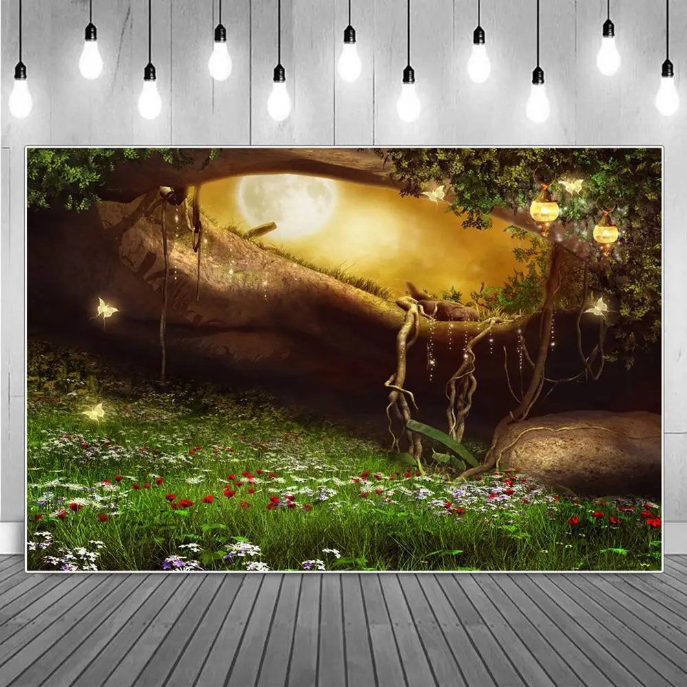 

Magical Tree Root Photography Backgrounds Fairy Tale Forest Viny Moon Butterflys Stars Kids Backdrop Photographic Portrait Props