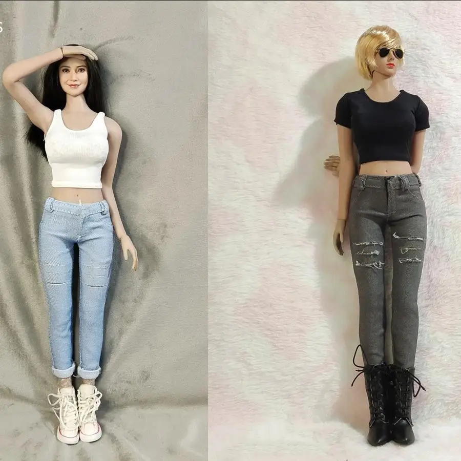 

In Stock 1/6 Female Soldier Sexy Mature High Waist Perforated Tight Solid Curled Cropped Jeans for 12" Action Figure Body Model