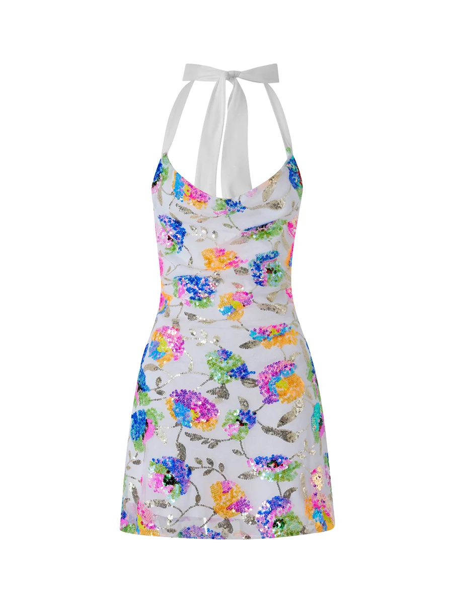 

Women Glittery Flower Sequins Short Slip Dress Halter Neck Open Back Sleeveless Mini Dress
