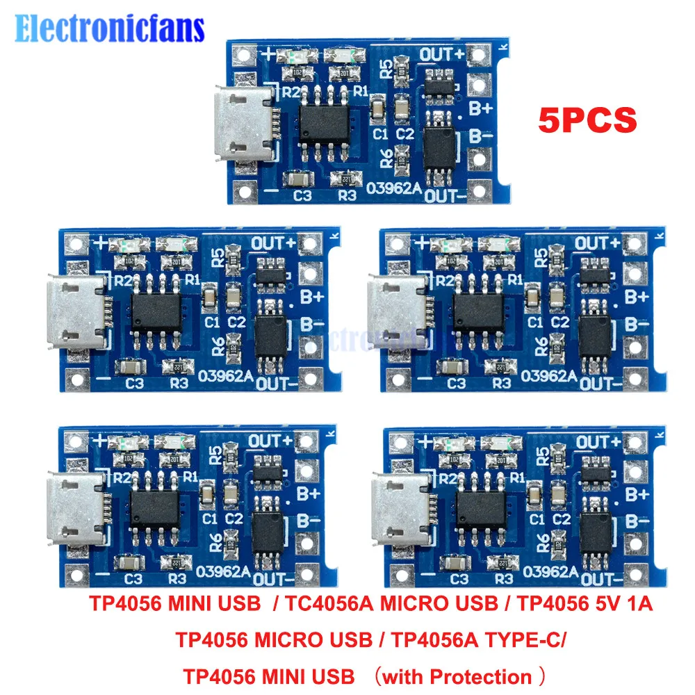 

1PCS 5PCS 5V 1A Micro USB 18650 Type-c Lithium Battery Charging Board Charger Module Protection Dual Functions TP4056 TP4056A