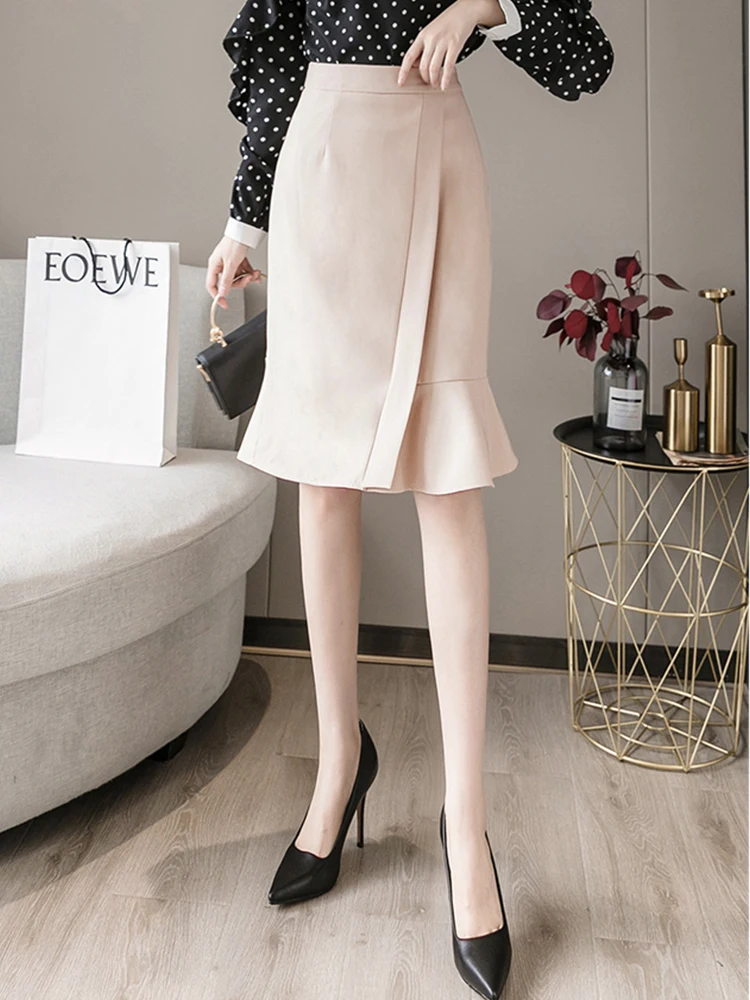 

FTLZZ Summer Office Lady Empire Slim Knee-Length Skirt Elegant Women Ruffled Asymmetric Skrit Female A-line Skrit