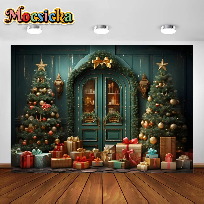 

MocsickaPhotography Background Winter Christmas Green Door Gifts Xmas Trees Kids Family Portrait Decor Backdrop Photo Studio