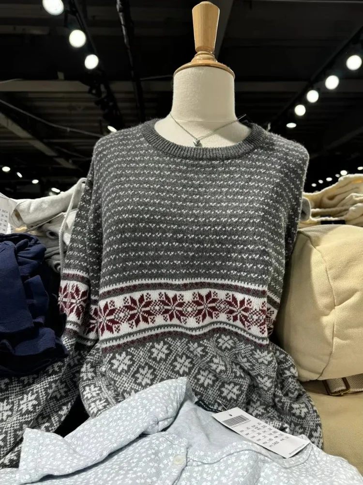 Винтажный вязаный свитер со снежинками для женщин осень 2024 универсальный узкий