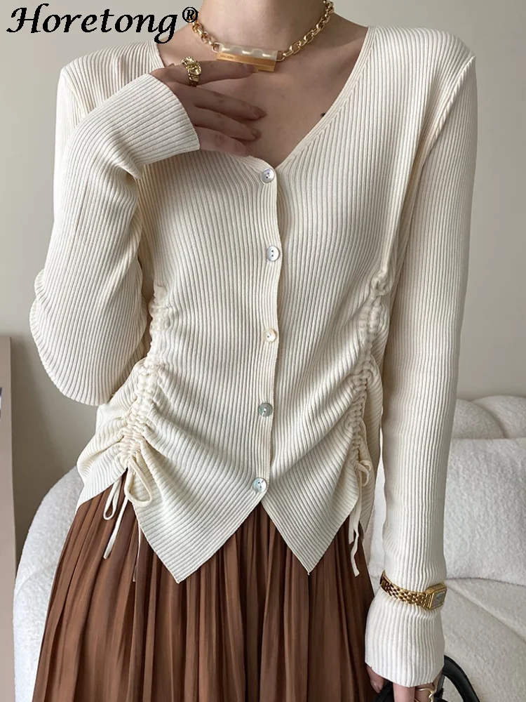 

Horetong Thin Knitted Cardigan Women Autumn V-neck Long Sleeve Drawstring Bandage Tops Fashion Elegant Single-breasted Outwear