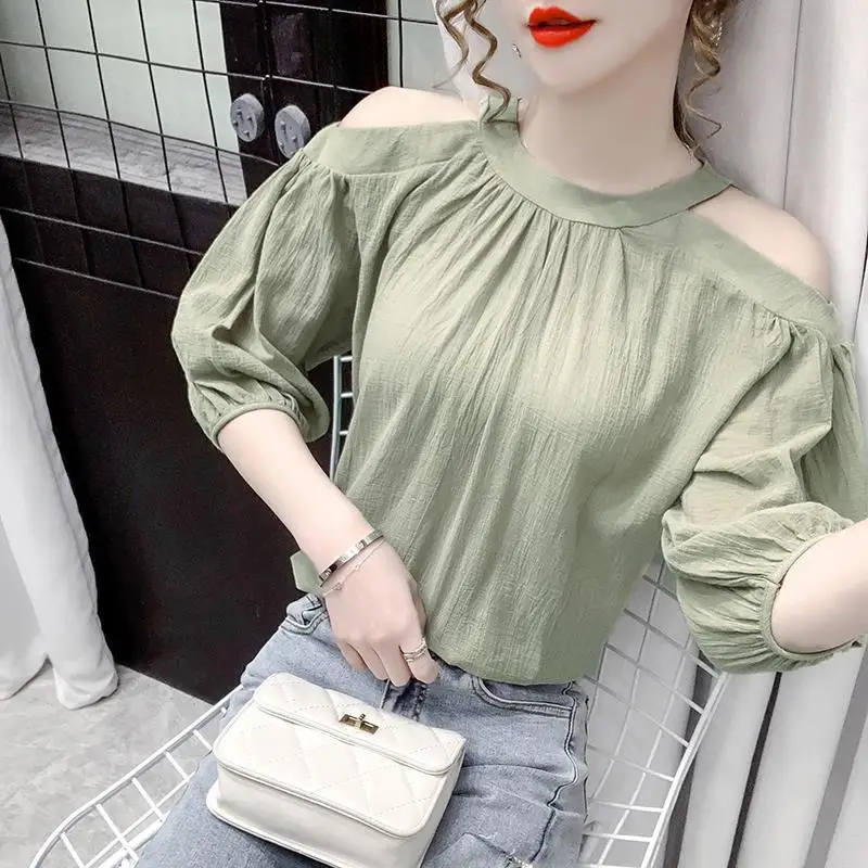 

Design sense blouse light cooked thin -shoulder short -sleeved shirt women's clothing 2022 new French bubble sleeve top summer
