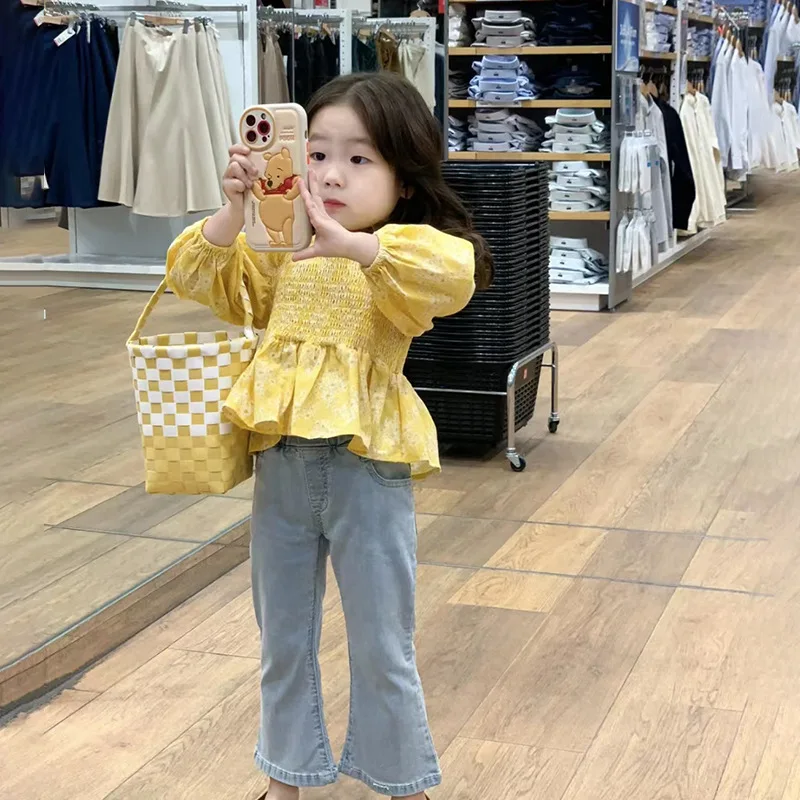 

Одежда для девочек, новинка весны 2023, корейский стиль, рубашка с длинными рукавами и цветочным рисунком для девочек, джинсы-годе или девять трубок, милая Одежда для девочек