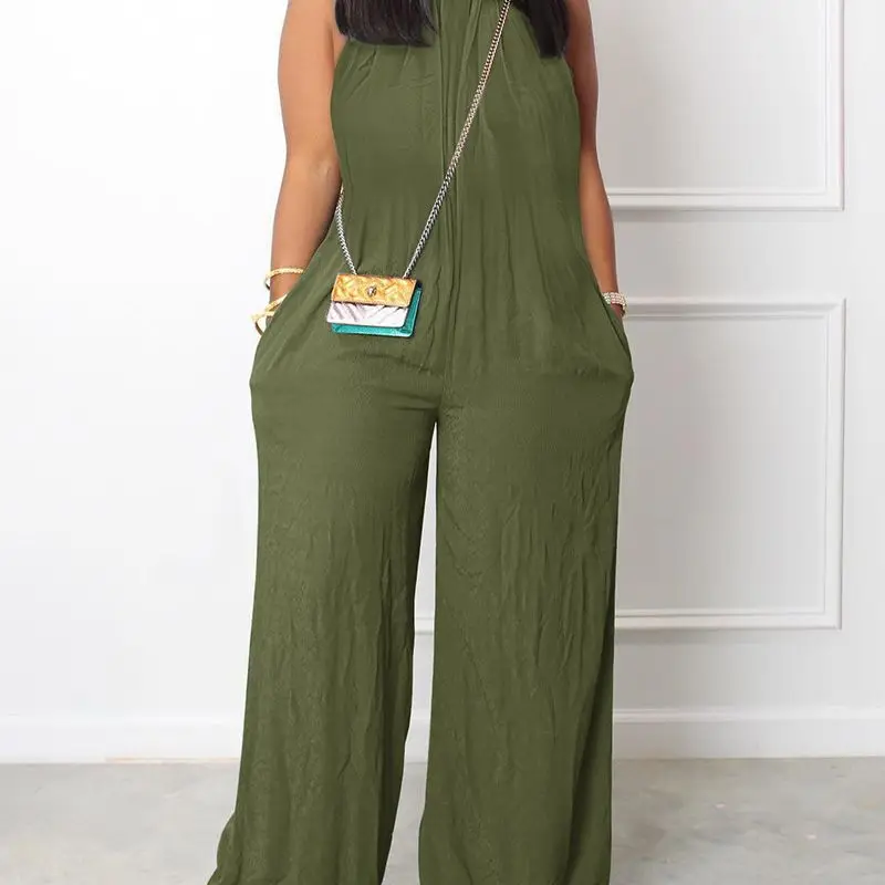 

Sleeveless Pocket Detail Wide Leg Jumpsuit Women Summer Tank O Neck Solid Color Loose Fit Sleeveless Floor Length