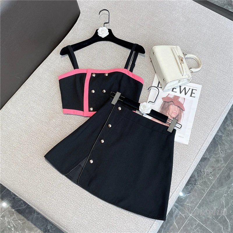 

2022 Summer Mini Skirts Sets Womens New Sweet Rose Pink Edge Sexy Sling Camisole Top + High Waist A- Line Skirt Two Piece Suits
