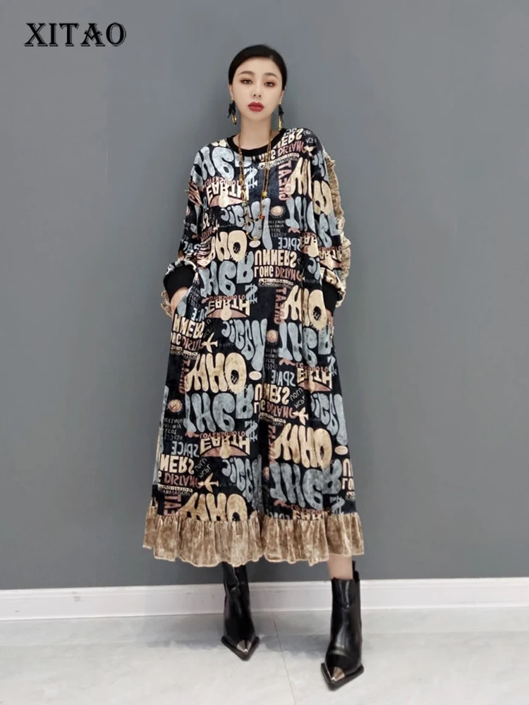 

XITAO Vintage Silk Velvet Print Dress Fashion Loose Casual Women Edible Tree Fungus Sleeveless New Spring Base Dress GWJ2940