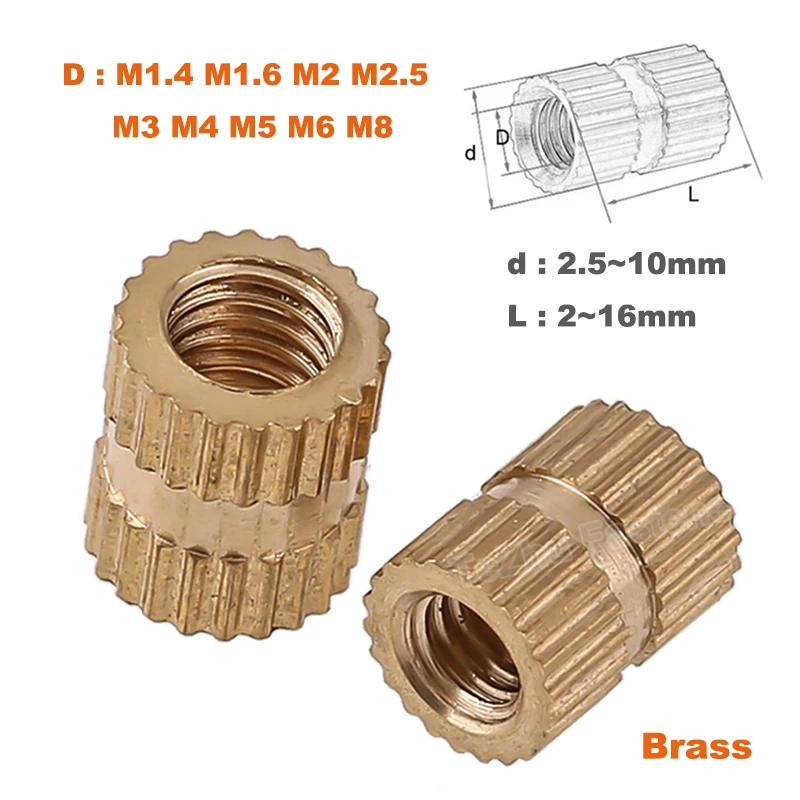 

10-50pcs Solid Brass Insert Nut M1.4 M1.6 M2 M2.5 M3 M4 M5 M6 M8 Injection Molding Brass Knurled Thread Inserts Nuts Double Pass