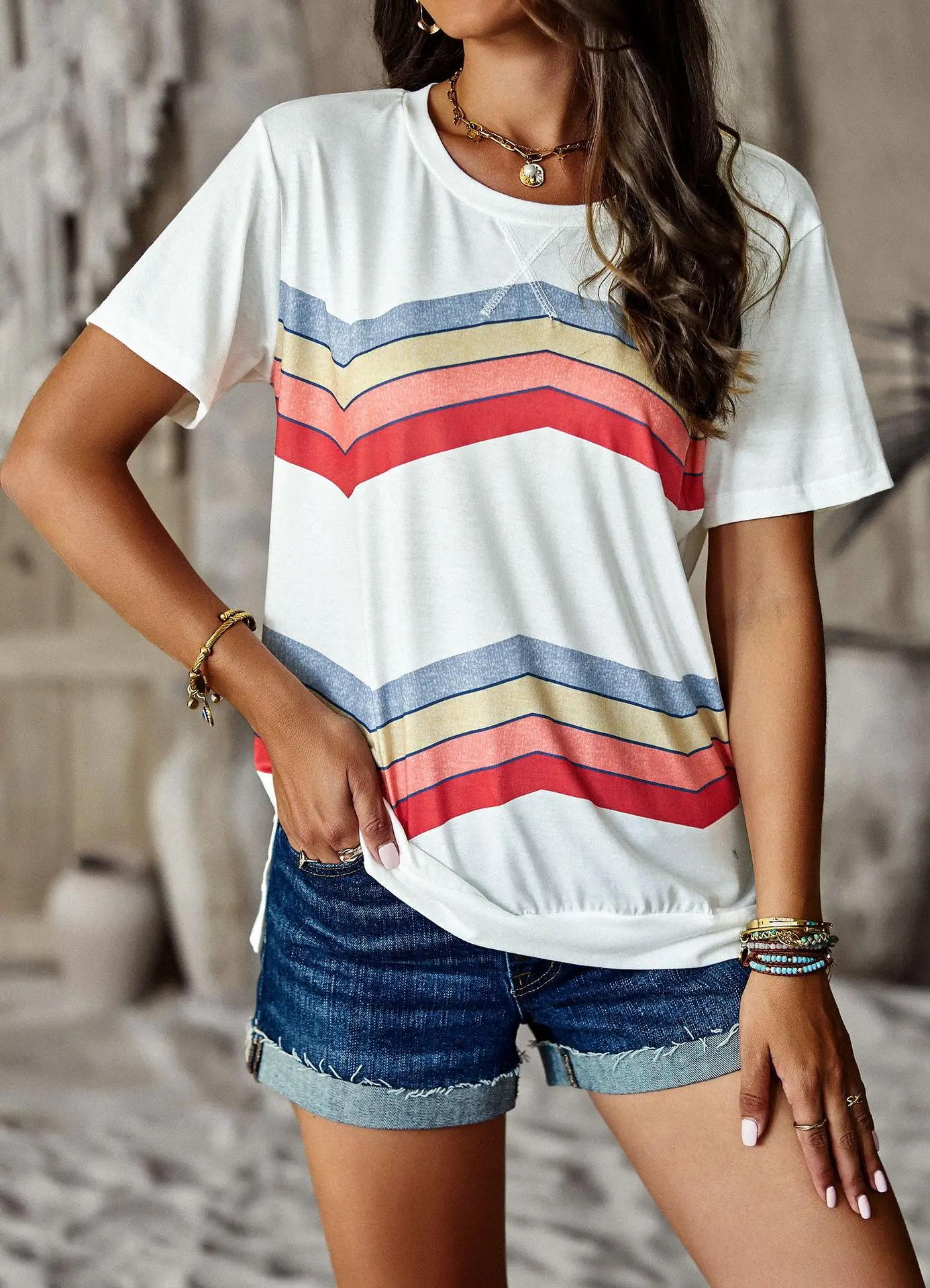 

Футболка с круглым вырезом, топ в радужную полоску, лето 2023, для беременных женщин, с коротким рукавом, белая