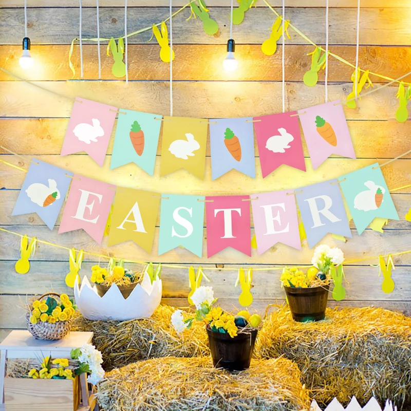

Cute Rabbit Carrot Easter Banner Paper Bunting Garland Banners Flags DIY Easter Party Decoration Baby Shower Birthday Decoration
