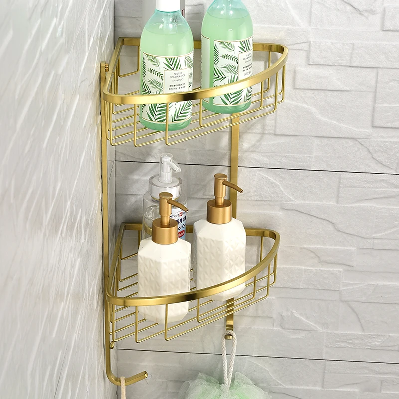 

Wall Shower Holder Shelf Stainless Towel Gold Rack Mounted With Triangle Bathroom Corner Brushed Shelves Shampoo Storage Hook