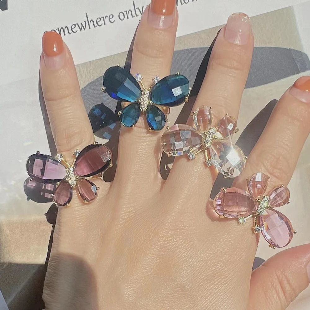 

Butterfly Rings Women Fashion Glass Crystal Insect Charm Open Adjustable Ring Jewelry For Female Trend Gift