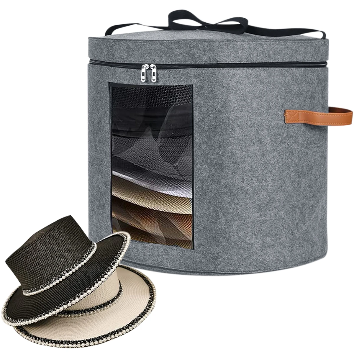 

Hat Storage Box with Zippered Lid Clear Window Adjustable Shoulder Strap 18.9×18.9×17in Felt Round Pop Up Hat Box Dustproof
