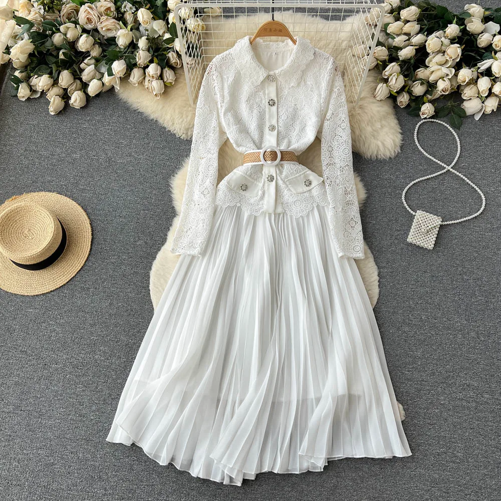 

Runway Autumn White Pleated Dress Elegant Women Lapel Diamonds Button Floral Embroidery Lace Patchwork Chiffon Belt Long Vestido