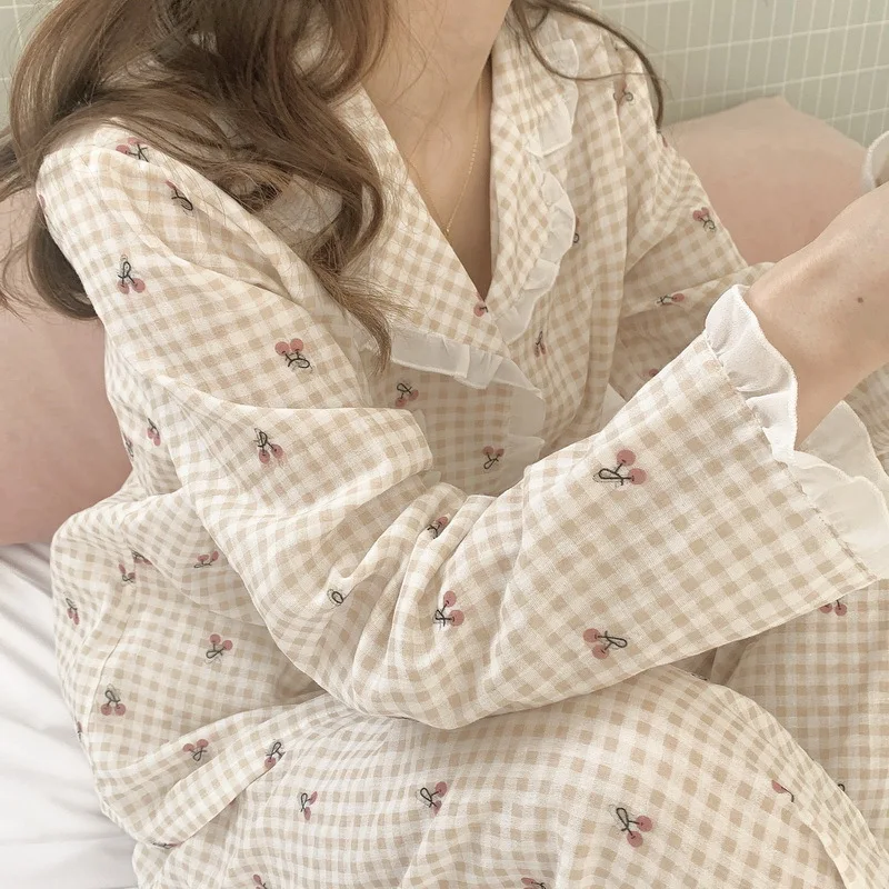 Pajamas Set for Women Plaid Cherry Print Sleepwear Lapel Lace Pijama Female Loungewear Long Sleeve Autumn Pyjamas Suit