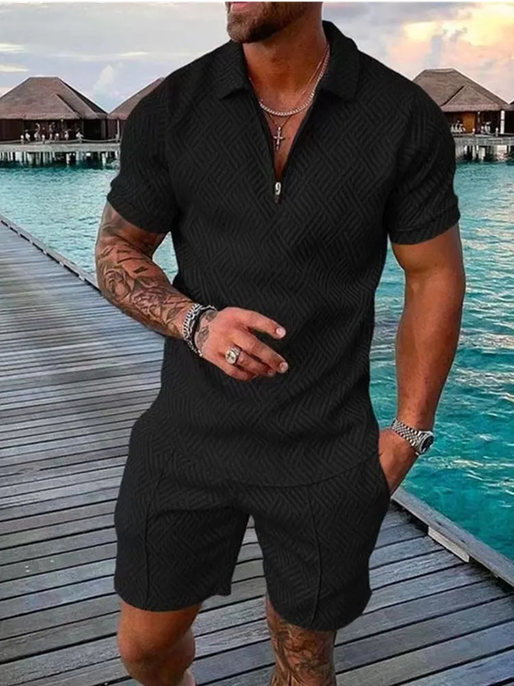 Men's Polo Suit Fashion Men Sets Mens Solid Color Summer V-neck Zipper Short Sleeve POLO Shirt+Shorts Two Pieces Men Casual Suit