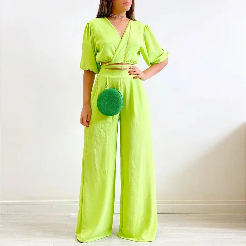 Plus-size Women's 2023 Summer V-neck Short-sleeved Top High-waisted Wide-leg Pants Fashion Suit