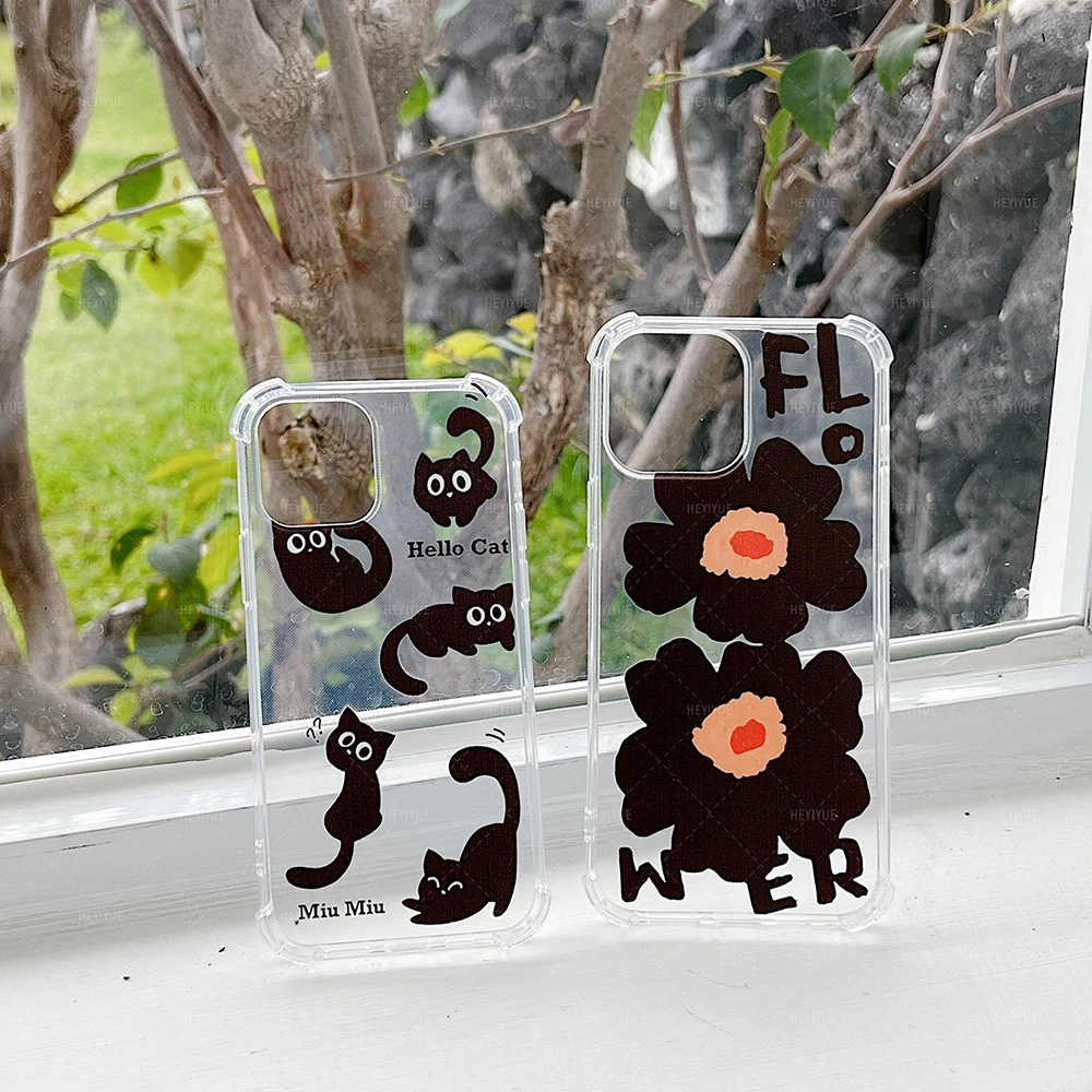 Прозрачный мягкий чехол для телефона из ТПУ с изображением черного кота и цветов
