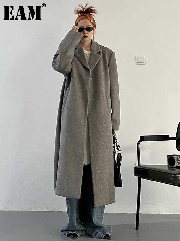 

[EAM] Loose Fit Gray Brief Long Big Size Thick Warm Woolen Coat Parkas New Long Sleeve Women Fashion Autumn Winter 2023 1DF3308