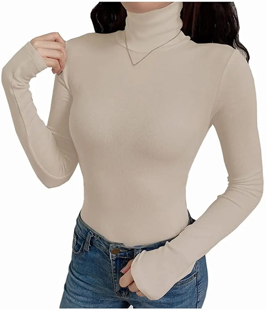 

Women Long Sleeve Knit Ribbed Turtleneck Layer Tops Basic Fitted Thermal Shirt Sweaters