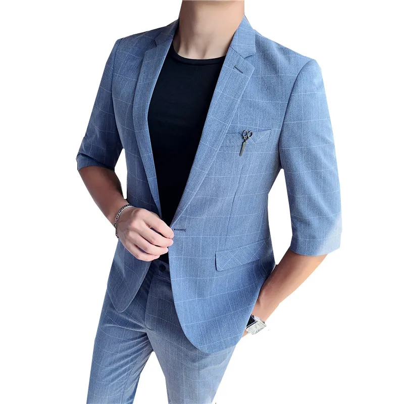 

Men's Plaid Suits 2 Pieces Set Fashion Wedding Dress Groom Business Casual Formal Slim Fit Blazers Jacket Coat Trousers Pants