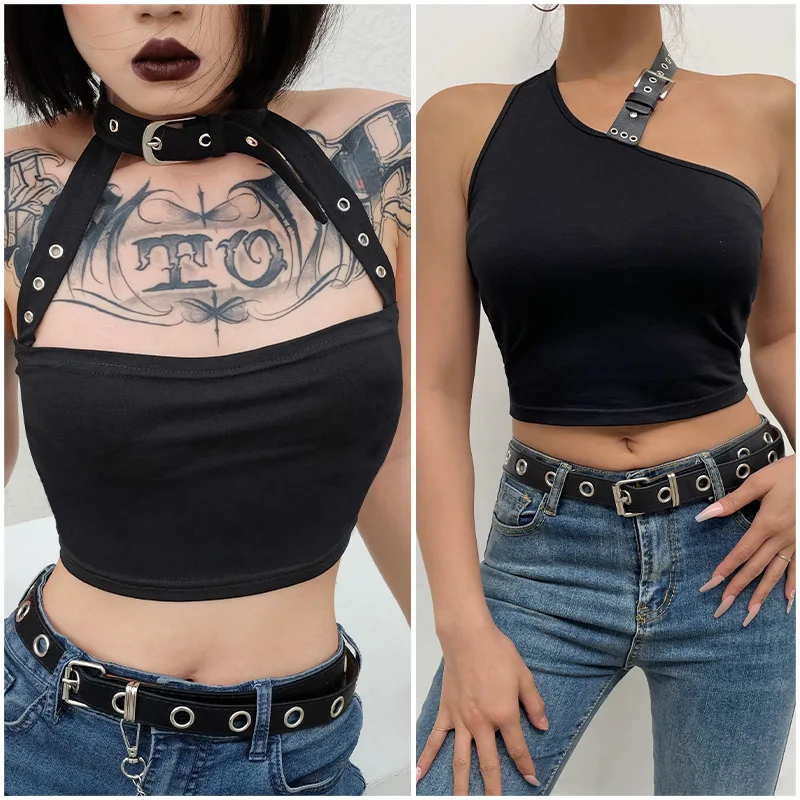 

Fashion Y2K Clothes Retro Women's Clothing 2022 New Slim Sexy Metal Buckle Halter Camisole Female Nightclub Bottoming Shirt Top