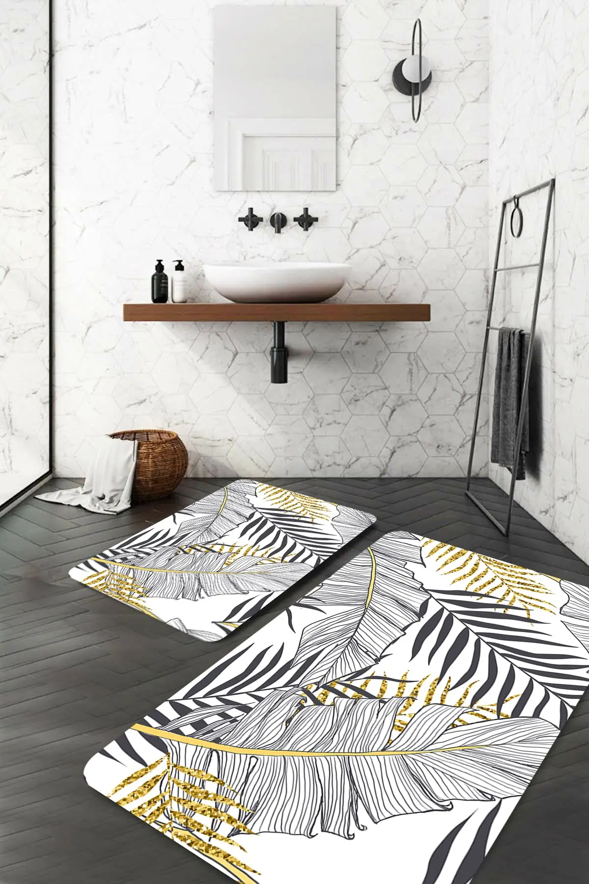 

Yellow Gray Slim Leaf Bathroom Mat 2gang White Textile Home & Furniture