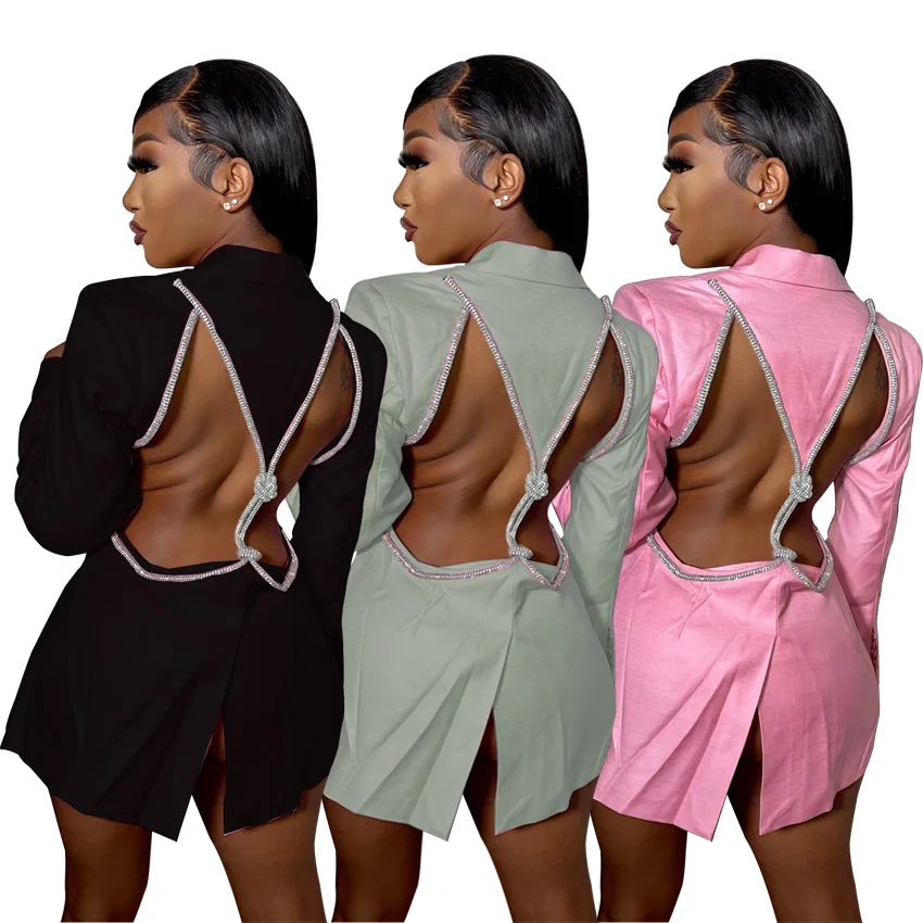 

SKMY Sexy Open Back Fashion Blazer Dress 2022 Autumn New Women Clothing Button Deep V-Neck Long Sleeve Bodycon Dress Clubwear