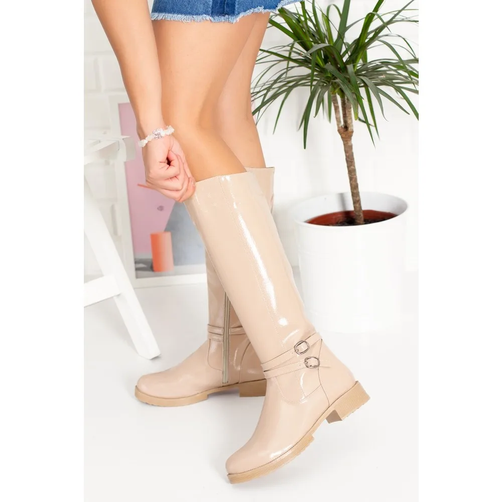 

Dorlie Female Skin Patent Leather Boots-Buckle Accessories Stylish Boots