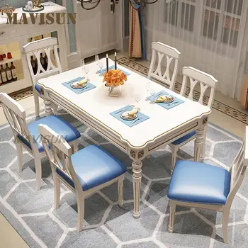 Small Apartment Living Room Table For Reception Of Friends And Relatives For Dinner, Solid Wood White Carved Table And Six Chair